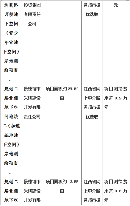 景德鎮(zhèn)市昌南新區(qū)LJ1-03-A01-1地塊、瓷都大道東側(cè)中渡口地下空間（格蘭云天大酒店地下空間）、光明大道北側(cè)利民路西側(cè)地下空間（青少年宮地下空間）、規(guī)劃二路北側(cè)地下空間地塊二（加速基地地下空間）、規(guī)劃二路北側(cè)地下空間地塊一（加速基地地下空間）、景德大道南側(cè)天寶橋西側(cè)地塊、景興大道東側(cè)如意路北側(cè)地下空間(社會(huì)公共服務(wù)
