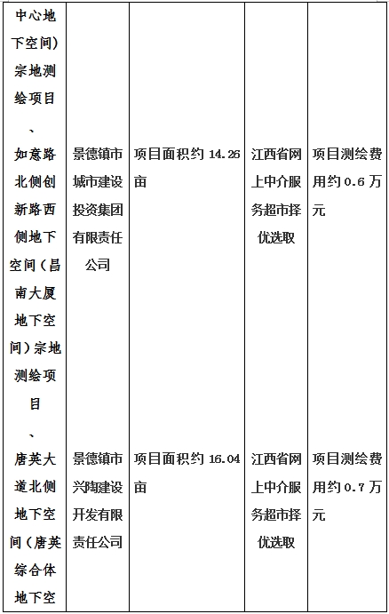 景德鎮(zhèn)市昌南新區(qū)LJ1-03-A01-1地塊、瓷都大道東側(cè)中渡口地下空間（格蘭云天大酒店地下空間）、光明大道北側(cè)利民路西側(cè)地下空間（青少年宮地下空間）、規(guī)劃二路北側(cè)地下空間地塊二（加速基地地下空間）、規(guī)劃二路北側(cè)地下空間地塊一（加速基地地下空間）、景德大道南側(cè)天寶橋西側(cè)地塊、景興大道東側(cè)如意路北側(cè)地下空間(社會(huì)公共服務(wù)